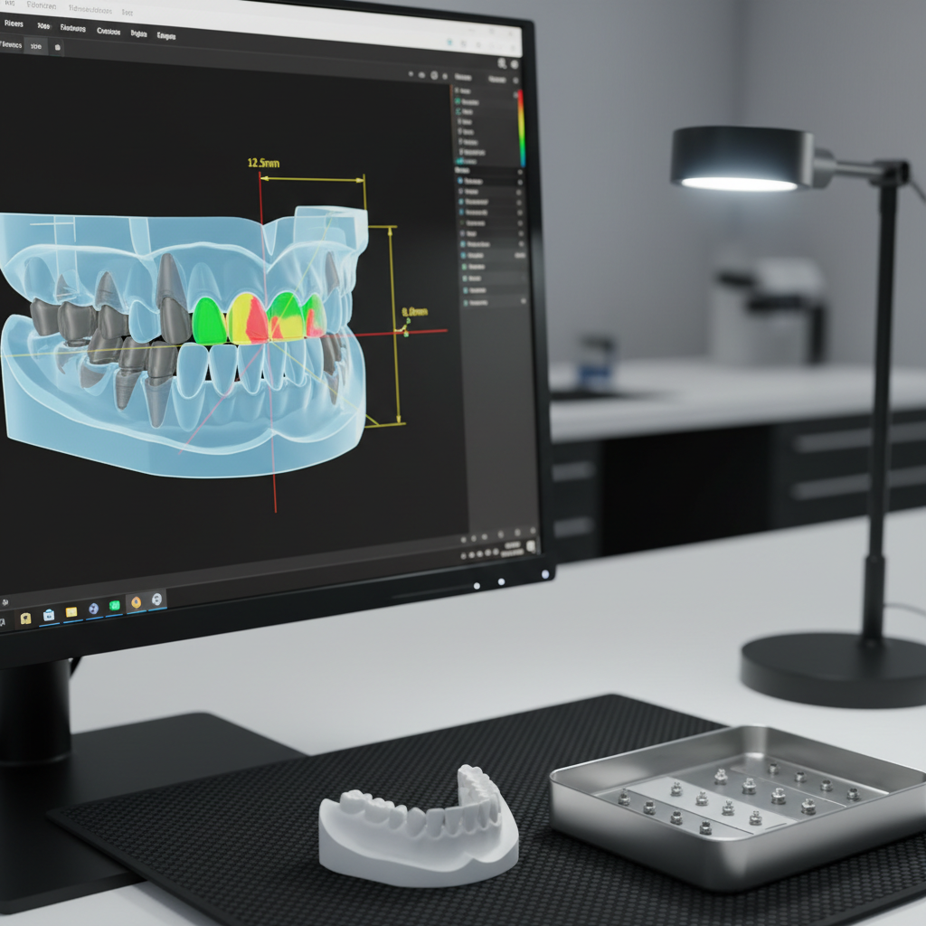 A detailed close-up of a dental implant bridge design on a CAD screen, showing a full arch supported by multiple titanium abutments on a semi-transparent jaw model. The interface displays precise measurements, angulation guides, and color-coded contact points. On the desk beneath the monitor rests a physical 3D-printed verification model in matte white resin, along with a small organized tray of analogs and screws. Cool, focused desk lighting highlights the textures of the printed model and brushed metal tray, while the rest of the minimalist lab fades into a soft blur. Photographic realism, eye-level composition, shallow depth of field, creating a focused, technical, and highly professional mood ideal for advanced digital implant planning.
