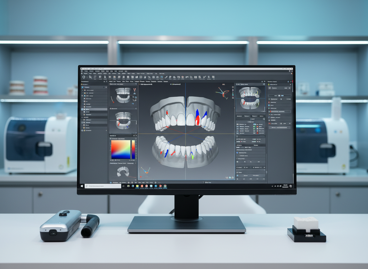 A sleek dental CAD workstation featuring a large, ultra-high-resolution monitor displaying a detailed 3D model of a full arch restoration. The interface shows multiple tool panels, cross-sectional views, and a color-coded occlusion map. The monitor sits on a clean white desk next to a compact intraoral scanner and a small milling block. The background reveals a modern dental lab environment in Phnom Penh, with neatly arranged equipment and storage, softly blurred. Cool, diffused overhead LED lighting creates minimal reflections and crisp clarity. Photographic realism, eye-level composition with slight angle, sharp focus on the screen, shallow depth of field behind, conveying precision, professionalism, and cutting-edge digital workflow for B2B dental technology.