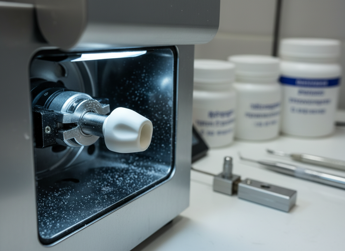A close-up photographic view of a partially milled zirconia crown emerging from a compact dental milling machine, the chamber door open to reveal fine white dust on matte metallic surfaces. The crown blank is clamped securely, showing precise contours and crisp margins under cool white LED task lighting. In the softly blurred background, a tidy dental CAD/CAM lab bench holds labeled containers of ceramic blocks and a small calibration tool, suggesting a professional Cambodian lab setting. Shot from a slightly low, three-quarter angle with tight framing and sharp focus on the milled crown, creating a clean, modern, high-tech atmosphere that highlights the accuracy and reliability of digital manufacturing.