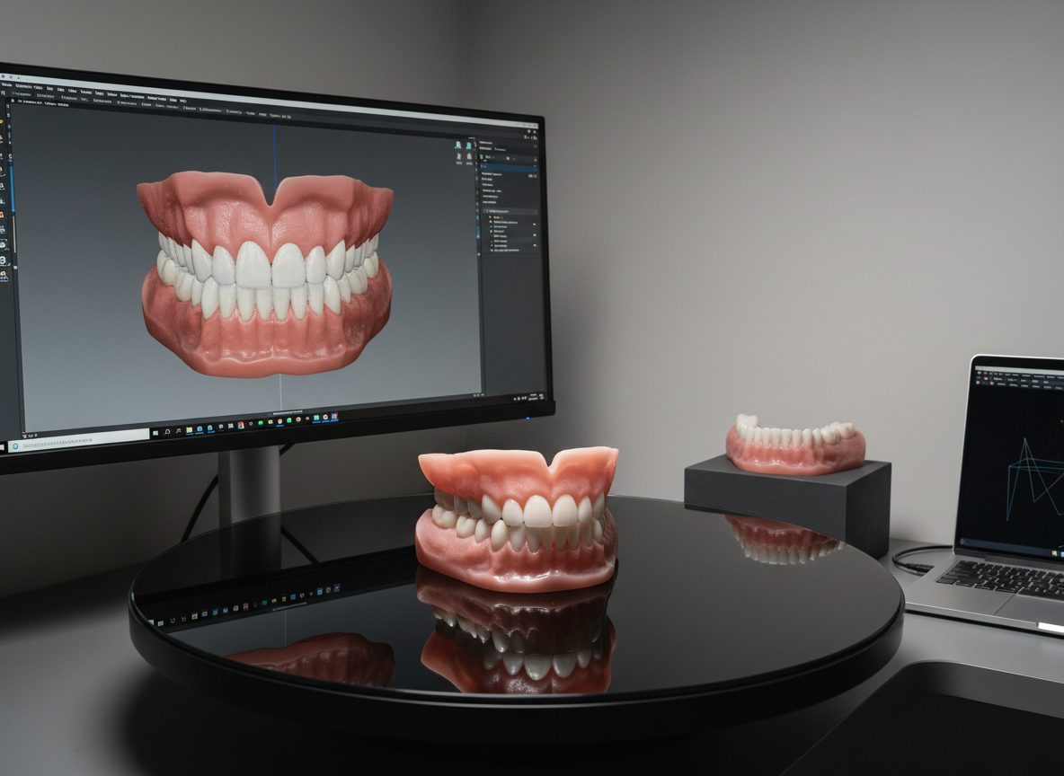 An immaculate set of upper and lower digital dentures displayed on a glossy black turntable, shown both as a rendered 3D model on a nearby monitor and as finished milled prosthetics resting beside it. The denture base has a subtle translucent pink tone with finely detailed gingival texture, while the teeth exhibit natural layering and slight incisal translucency. The scene is set in a contemporary dental design studio with neutral walls and a glimpse of a CAD laptop off to the side. Soft studio lighting from two directions creates gentle reflections and defined but non-harsh shadows. Photographic realism, slightly elevated angle, balanced composition, emphasizing the seamless bridge between virtual design and physical result.