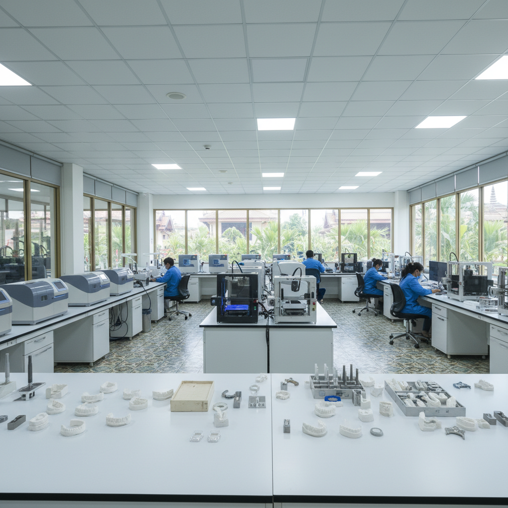 A panoramic, wide-angle interior of a modern dental lab in Cambodia dedicated to digital workflows, filled with rows of compact milling units, 3D printers, and scanning stations. Clean white worktops hold neatly arranged dental models, labeled trays, and calibration artifacts. Large windows along one wall let in bright but diffused daylight, complemented by cool overhead LEDs, creating an evenly lit, clinical yet welcoming environment. Subtle Cambodian architectural details, like patterned floor tiles and glimpses of greenery outside, ground the location. Photographic realism, deep focus and horizontal composition, showcasing the full digital production line and conveying efficiency, scalability, and B2B readiness for clinics and labs.