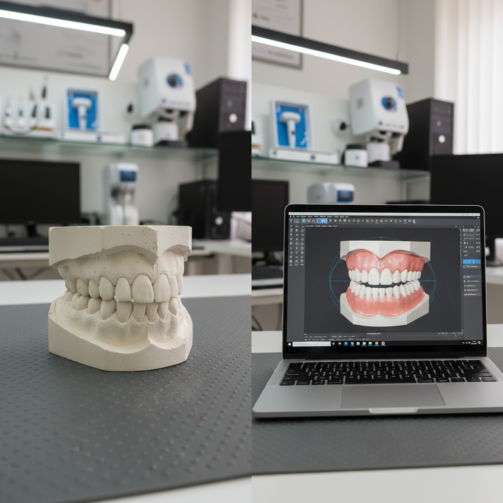A side-by-side comparison setup showing a traditional plaster dental cast and a high-resolution digital model on a CAD laptop, both representing the same patient case. The plaster model, slightly rough with subtle chips and porous texture, sits on a matte gray lab mat. The laptop screen displays a crisp, rotating 3D color scan with articulated occlusion and virtual articulation lines. The background features a neat shelf of scanning accessories and compact dental equipment typical of a Cambodian lab. Soft overhead LEDs and mild window light combine to create gentle shadows and clear visibility. Photographic realism, three-quarter angle, medium depth of field, emphasizing the evolution from analog to digital workflows in a professional, educational tone.